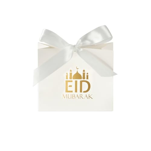 20 Pack Eid Party Favor Box, Eid Moon Candy Box, Ramadan Mubarak Party Goodie Box, DIY Eid Treat Paper Box with Ribbon Bow, Islam Muslim Wedding Festival Candy Box, Chocolate Cookie Souvenir Boxes for Eid Party Supplies Gold Castle Goodie Present Bag - co