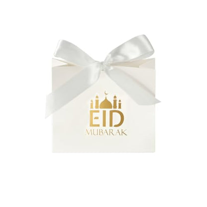 20 Pack Eid Party Favor Box, Eid Moon Candy Box, Ramadan Mubarak Party Goodie Box, DIY Eid Treat Paper Box with Ribbon Bow, Islam Muslim Wedding Festival Candy Box, Chocolate Cookie Souvenir Boxes for Eid Party Supplies Gold Castle Goodie Present Bag - co