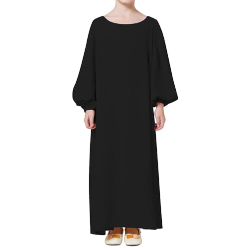 Kids Girls Muslim Abaya Long Lantern Sleeve Robe Maxi Dress Dubai Islamic Pleated Prayer Dress Full Cover Kaftan Casual - color: Black, size: 9-10 Years