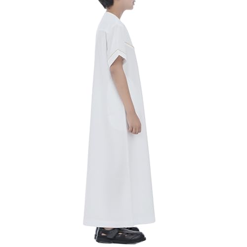 Boys Short Sleeve Muslim Thobes Islamic Kids Half Zipper Eid Traditional Prayer Kaftan Thobes Toddler Abaya Clothes - color: White, size: 13-14 Years