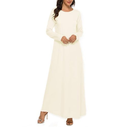 Womens Musilin Long Dress for Islamic Prayer Long Sleeve Robe Dress Full Cover Round Neck Dubai Kaftan Abayas Outfit - color: Nude, size: XX-Large-3X-Large