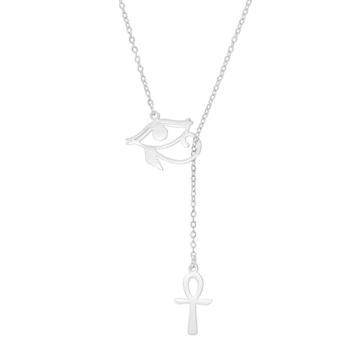 Ankh Cross Y Necklace Key of Life Eye of Horus Pendant Cartouche Long Chain Protection African Coptic Amulet Ancient Egyptian Religious Jewelry Gift for Women Men - color: Ankh Cross Eye of Horus silver