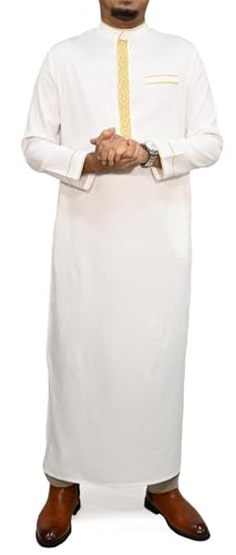 Traditional Men's Long Sleeve Thobe With Gold-tone Embroidery And Ankle Length Design - size: X-Large
