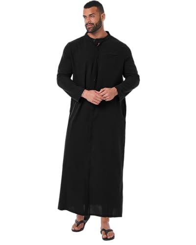 YAOHUOLE Kaftan for Men - Long Sleeve Muslim Thobe with Button Down Closure - color: Black, size: Large