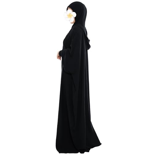 khalat Muslim Prayer Dress Abaya Solid One-Piece Hoodie Abaya Dress for Women Long Maxi Dress Islamic Dubai Jilbab - color: Black