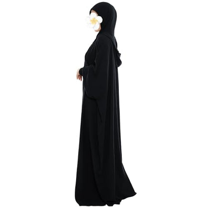 khalat Muslim Prayer Dress Abaya Solid One-Piece Hoodie Abaya Dress for Women Long Maxi Dress Islamic Dubai Jilbab - color: Black