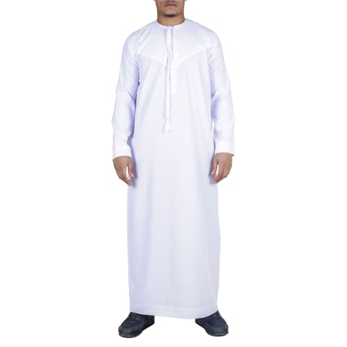 Men's Thobe Emirati Omani Jubba Islamic Clothing Muslim Kaftan Eid Robe Arab String Tassel - color: White Slim, size: 58