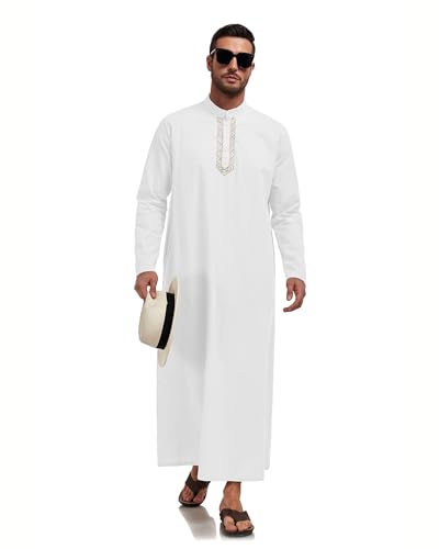 Jacansi Men's 65% Cotton 35% Linen Kaftan Robe, Henley Button Down Thobe, Long Sleeve Casual Gown with Pockets - color: White, size: Medium