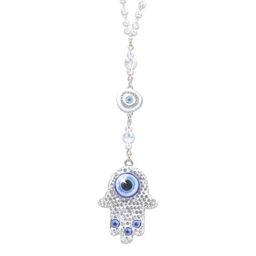 White Crystal Hamsa Hand Evil Eye Car Mirror Charm Ornament | White Crystal Hamsa Hand Evil Eye Beaded Chain Rearview Mirror Charm, Spiritual Protection Lucky Car Decor For Women Men - color: White