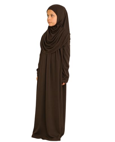 Prien Kids Prayer Dress Muslim Clothes for Girls Long Sleeve Abaya with Hijab Two Piece Maxi Islamic Set Scarf Kaftan Jilbab - color: Brown