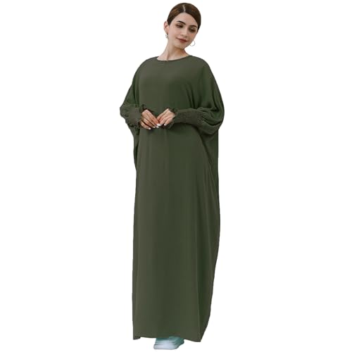 khalat Womens Muslim Prayer Dress Front Zipper Kaftan Islamic Robe Modest Solid Abayas for Women Muslim - color: Army Green