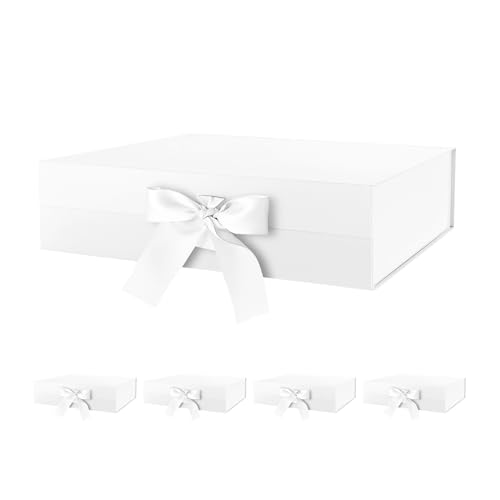 HAPPY POTATO 5 Large Magnetic White Gift Boxes with Lids 13.5x9x4.1 Inch - color: White-Ribbon-13.5x9x4.1 Inches-Pack of 5