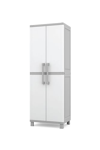 Keter Storage Cabinet with Doors and Shelves for Laundry Room, Garage, Bathroom Accessories, Closet and Home Organization, White & Grey