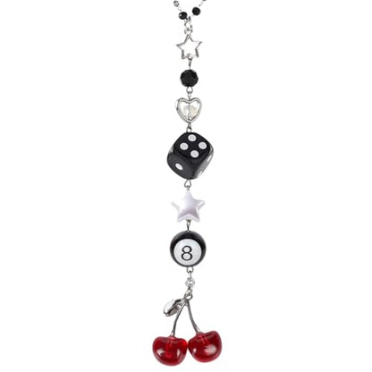Cherry Car Charm - Silver Black 8 Ball Dice with Beads Rear View Mirror Charms Cars Accessories, Interior Y2K Aesthetic Hanging Ornament Pendant for Women Men - style: Cherry