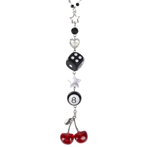 Cherry Car Charm - Silver Black 8 Ball Dice with Beads Rear View Mirror Charms Cars Accessories, Interior Y2K Aesthetic Hanging Ornament Pendant for Women Men - style: Cherry