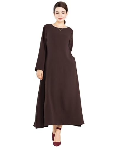 Solid Color Women Abaya Modest Muslim Prayer Robe Long Sleeve Dubai Maxi Dress Islamic Lightweight Dress - color: Brown, size: XX-Large