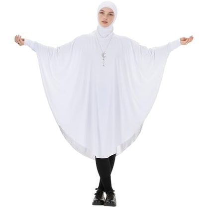 Muslim Abaya Dress for Women Highly Stretchy Batwing Hooded Prayer Hijab - color: White, size: X-Large