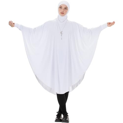 Muslim Abaya Dress for Women Highly Stretchy Batwing Hooded Prayer Hijab - color: White, size: Large