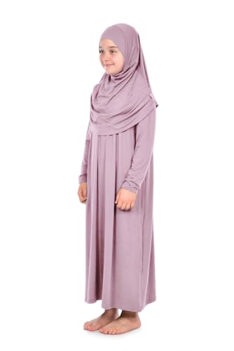 ihvan online Muslim Dress for Girls, Long Sleeve One-Piece Islamic Prayer Dress, Hijab for Kids, Girls Abaya, Islamic Gifts - color: Lilac