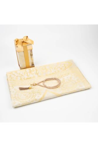 SODEF Tesbih and Prayer Rug Gift Set - Decorative Gold Acetate Box - Includes 99 Beads (0.24 in) and Printed Prayer Mat (43.3 x 25.6 in) - Cotton Polyester Blend with Woven Base - Gold, 43x26 inch