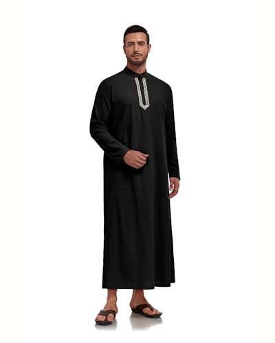 Jacansi Men's 65% Cotton 35% Linen Kaftan Robe, Henley Button Down Thobe, Long Sleeve Casual Gown with Pockets - color: Black, size: Medium