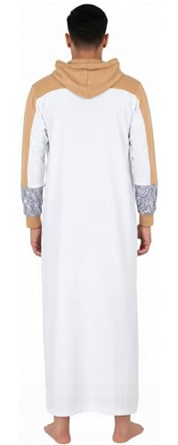 Men’s Hooded Thobe – Urban Long Sleeve Islamic Robe - White & Beige Kaftan for Eid, Prayer, Ramadan & Casual Outfits - size: Small