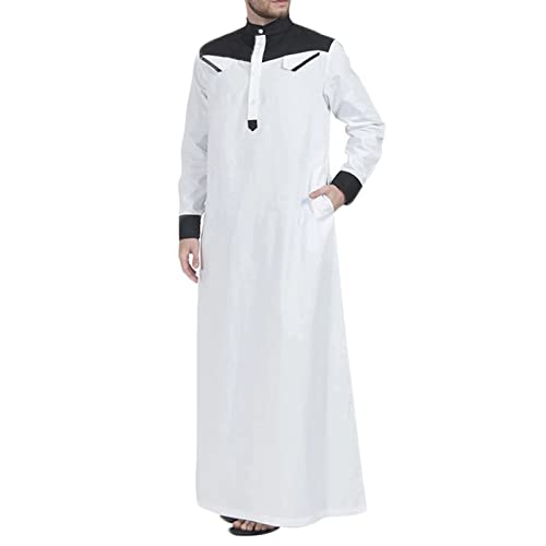 Zeiyignr Men's Long Sleeve Kaftan Stand Collar Patchwork Robe Muslim Arab Middle East Thobe Islamic Praying Clothes for Men - color: Black, size: Large