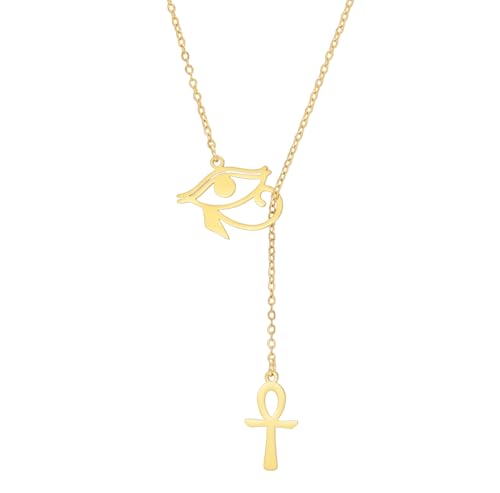 Ankh Cross Y Necklace Key of Life Eye of Horus Pendant Cartouche Long Chain Protection African Coptic Amulet Ancient Egyptian Religious Jewelry Gift for Women Men - color: Ankh Cross Eye of Horus gold