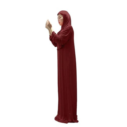 Hooded Muslim Hijab Dress For Women Full Cover Prayer Garment Long Ramadan Modest Maxi Gown - color: Wine Red