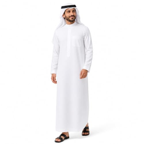 JPXH Mens Muslim Thobe Arab Robe Long Sleeve Islamic Kaftan with Pocket - size: Size