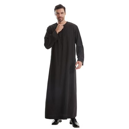 IWEMEK Men Muslim Thobe Long Sleeve Kaftan Robe with Pockets Saudi Arabic Thobe Ramadan Middle East Dubai Islamic Abaya Dress - color: Black, size: Small