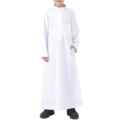 Muslim Thobe for Boys Long Sleeve Islamic Arabic Kaftan Dubai Button Robe Middle East Prayer Dress Kids Ramadan Eid Outift - color: White, size: 3-4T