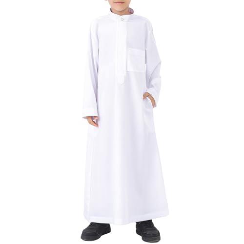 Muslim Thobe for Boys Long Sleeve Islamic Arabic Kaftan Dubai Button Robe Middle East Prayer Dress Kids Ramadan Eid Outift - color: White, size: 3-4T