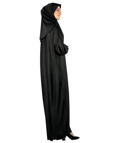 Women Prayer Clothes with Hijab Muslim Outfits Long Robe Abaya Turkish Islamic Dresses Dubai Kaftan with Rosary - color: Black