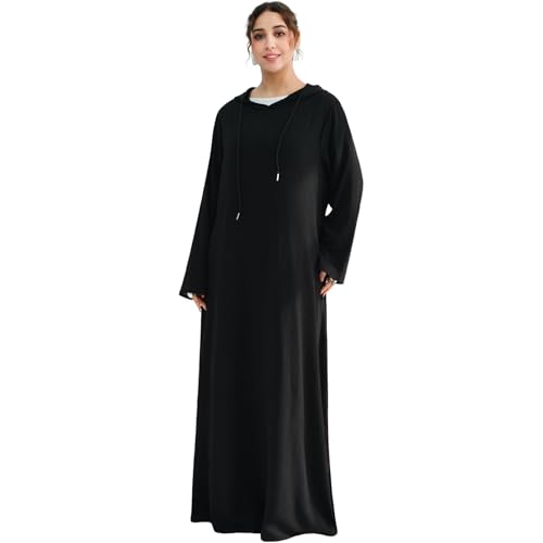 Muslim Abaya Dress for Women Lightweight Hoody Pockets Islamic Prayer Robe - color: Black, size: X-Large