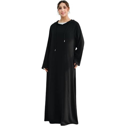 Muslim Abaya Dress for Women Lightweight Hoody Pockets Islamic Prayer Robe - color: Black, size: Medium