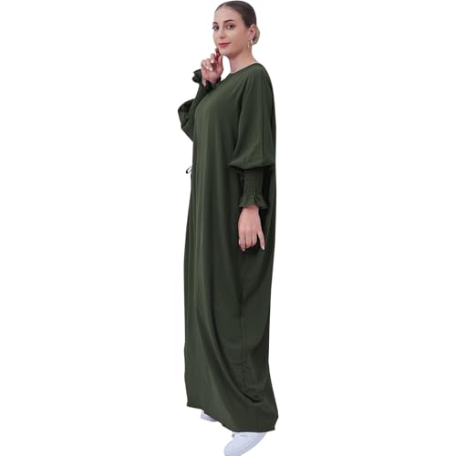 Lenmipot Islamic Women Jilbab Abayas Muslim Abaya Dress for Women Middle East Kaftan Dubai Dress Eid Prayer Clothes - color: Army Green