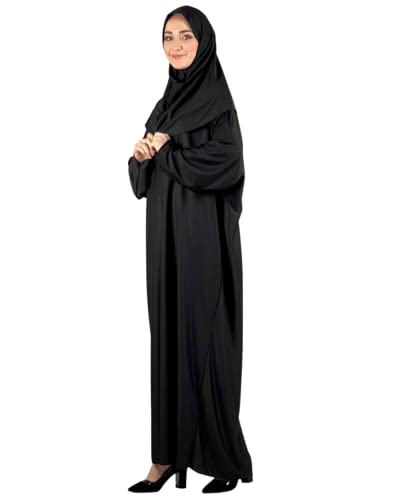 Women Prayer Clothes with Hijab Muslim Outfits Long Robe Abaya Turkish Islamic Dresses Dubai Kaftan with Rosary - color: Black