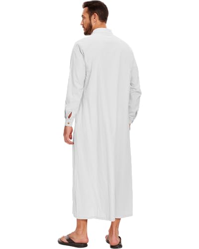 LVCBL Thobe for Men Long Sleeve Kaftan Muslim Thobe Button Down Long Gown Caftan with Pockets - color: White, size: X-Large