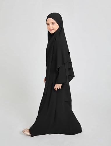 ODIZLI Kids Girls Ramadan Abaya Muslim Long Sleeve Hijab Chiffon Dress Dubai Kaftan with Pockets - color: Black, size: 3-4 Years