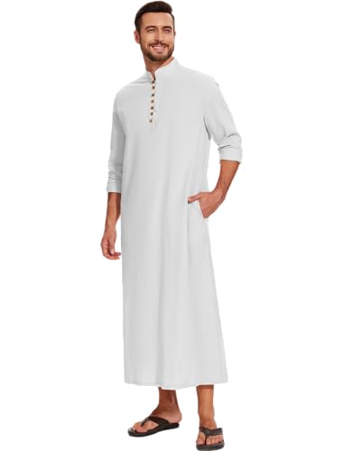 LVCBL Thobe for Men Long Sleeve Kaftan Muslim Thobe Button Down Long Gown Caftan with Pockets - color: White, size: Medium