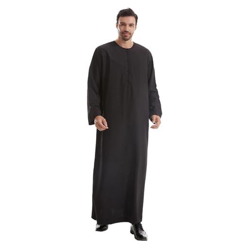 IWEMEK Men Muslim Thobe Long Sleeve Kaftan Robe with Pockets Saudi Arabic Thobe Ramadan Middle East Dubai Islamic Abaya Dress - color: Black, size: Small