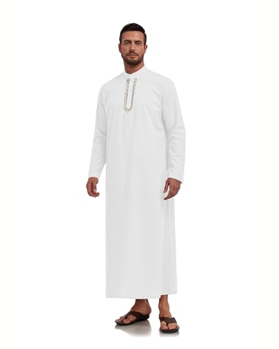 Jacansi Men's 65% Cotton 35% Linen Kaftan Robe, Henley Button Down Thobe, Long Sleeve Casual Gown with Pockets - color: White, size: 3X-Large