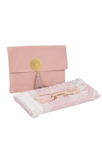BABY SHOWER CHOCOLATE Muslim Prayer Rug with Prayer Beads and Portable Bag, Islamic Prayer Gift Set for Women and Men Premium Prayer Rug, Travel Prayer Mat (Pink) - color: Pink