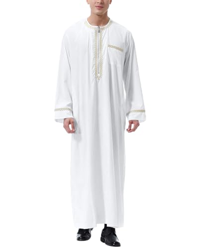 LVCBL Kaftan for Men Long Sleeve Mens Thobe Big And Tall Muslim Clothes Dubai Caftan Gown - color: White, size: Medium