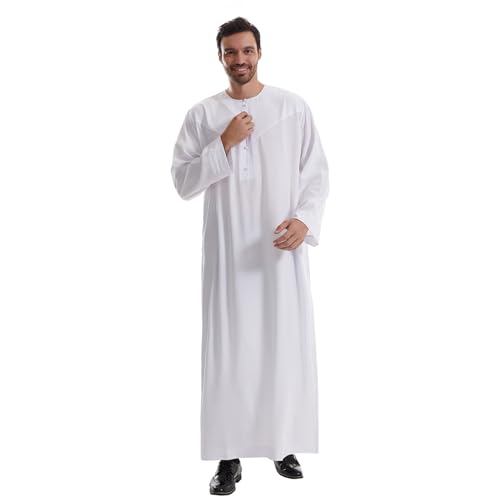 IWEMEK Men Muslim Thobe Long Sleeve Kaftan Robe with Pockets Saudi Arabic Thobe Ramadan Middle East Dubai Islamic Abaya Dress - color: White, size: Small