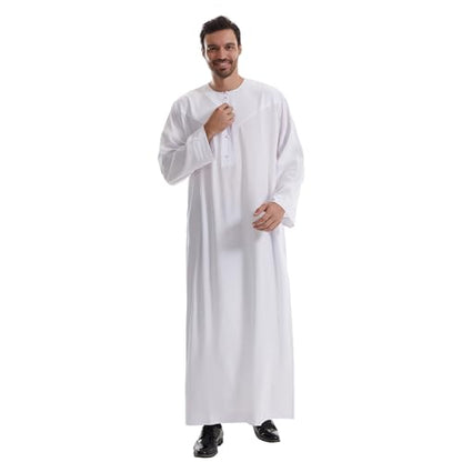 IWEMEK Men Muslim Thobe Long Sleeve Kaftan Robe with Pockets Saudi Arabic Thobe Ramadan Middle East Dubai Islamic Abaya Dress - color: White, size: Medium