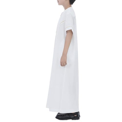 Boys Short Sleeve Muslim Thobes Islamic Kids Half Zipper Eid Traditional Prayer Kaftan Thobes Toddler Abaya Clothes - color: White, size: 11-12 Years