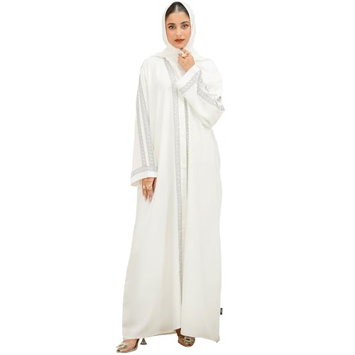 Abaya Dress for Women, Fully Button Up Muslim Abaya in Premium Nida Fabric – Long Sleeve Modest Islamic Maxi Dress - color: White, size: X-Small