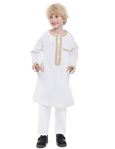 Boy's Muslim Clothing Kaftan Set - Middle East Youth Embroidered Robe Suit Round Neck Islamic Dress Arabic Wear - color: White, size: 19